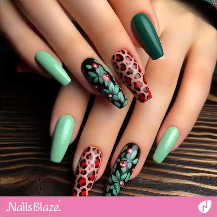 Wild Nails with Leaves and Leopard Print Design | Animal Print Nails - NB2621